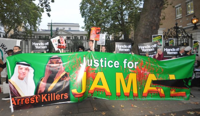 Demonstration outside the Saudi embassy in London after the murder of Jamal Khashoggi