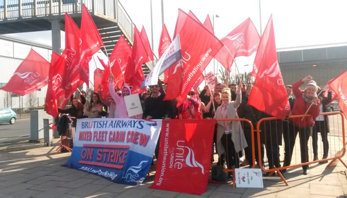 Unite members on the picket line at British Airways – joint action along with BALPA and GMB is threatened over pay