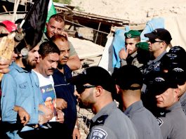 Residents of the Bedouin village of Khan al-Ahmar, east of Jerusalem, confront Israeli police – Israeli forces have ordered the closure of all roads leading to the village