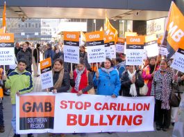 Carillion workers at the Great Western Hospital in Swindon during their strike action against Carillion bullying