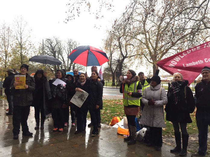 Striking lecturers at Lambeth College in Clapham. Now another 26 colleges are balloting to strike