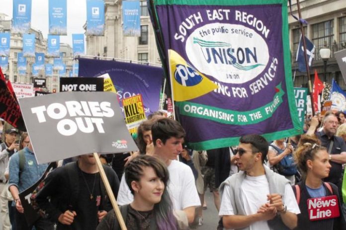 Workers marching on Parliament in July 2017 after Labour shadow chancellor John McDonnell called for the Tories to go