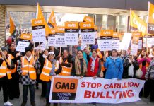 GMB Carillion members on strike at the Great Western Hospital in Swindon – unions are calling for all contracts to be brought back in-house