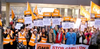 GMB Carillion members on strike at the Great Western Hospital in Swindon – unions are calling for all contracts to be brought back in-house