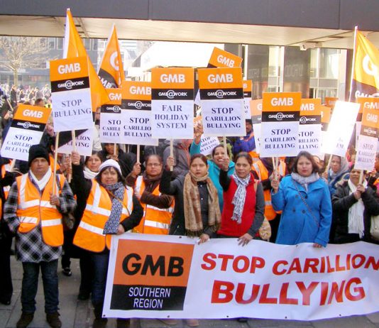 GMB Carillion members on strike at the Great Western Hospital in Swindon – unions are calling for all contracts to be brought back in-house