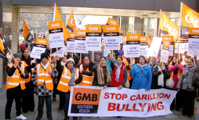GMB Carillion members on strike at the Great Western Hospital in Swindon – unions are calling for all contracts to be brought back in-house