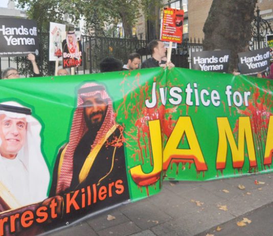 Protest outside the Saudi embassy in London demanding the killers of Jamal Khashoggi be put on trial