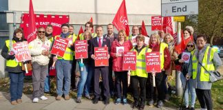 Capita Unite members during a strike in Reading – the BMA doctors’ union has called for Capita to be stripped of its NHS contract after 3,500 women did not receive their cervical screening letters