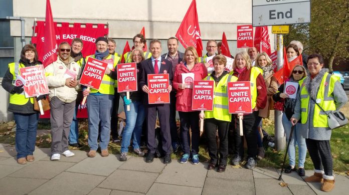 Capita Unite members during a strike in Reading – the BMA doctors’ union has called for Capita to be stripped of its NHS contract after 3,500 women did not receive their cervical screening letters