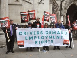 GMB members demonstrate outside the High Court as their case against UBer is heard in October this year