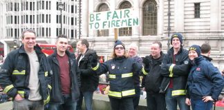 Striking firefighters in Trafalgar Square at the beginning of their pension campaign in February 2015