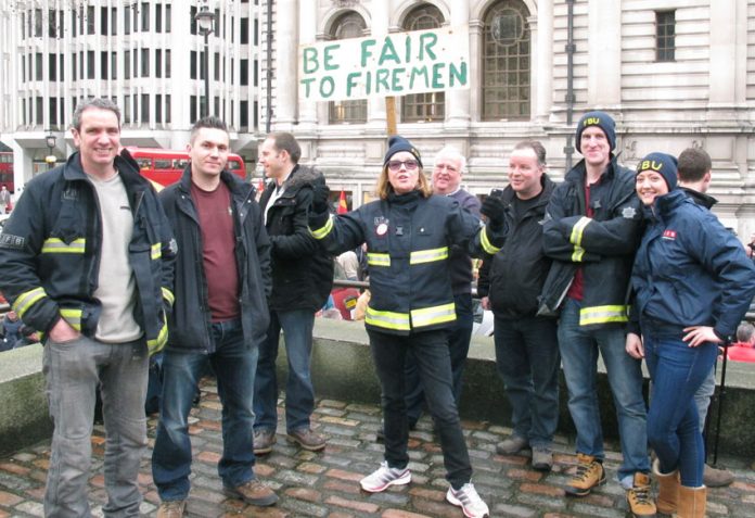 Striking firefighters in Trafalgar Square at the beginning of their pension campaign in February 2015