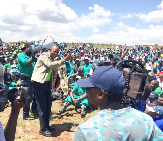 AMCU leader JOSEPH MATHUNJWA addressing striking miners at Sibanye-Stillwater