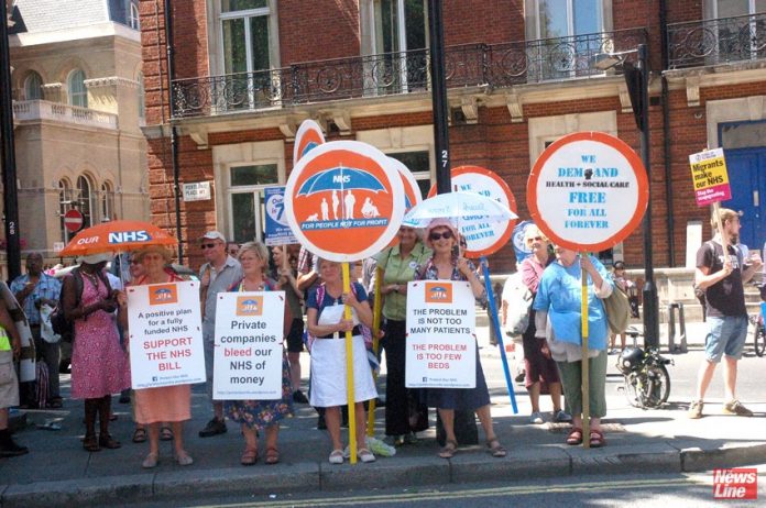 Protesters on the NHS 70th anniversary demonstration in June last year fighting against the privatisation of health services