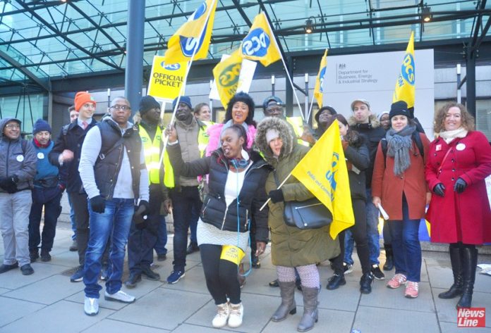 Enthusiastic PCS picket at the Department for Business, Energy and Industrial Strategy (BEIS) demanding the London Living Wage