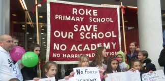 School pupils demonstrate against the Roke Primary School in Croydon being forced to become part of the Harris Academy chain