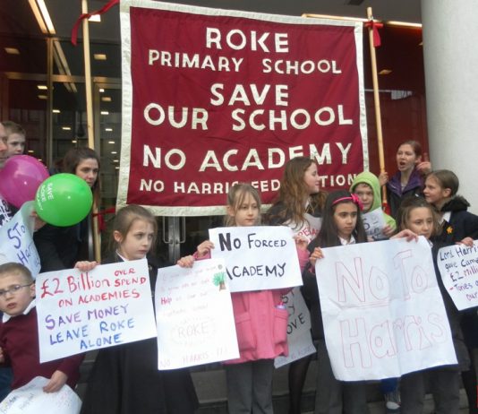 School pupils demonstrate against the Roke Primary School in Croydon being forced to become part of the Harris Academy chain