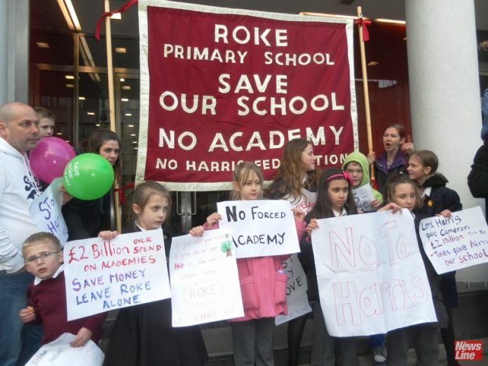 School pupils demonstrate against the Roke Primary School in Croydon being forced to become part of the Harris Academy chain