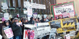 Lecturers during a strike at Lambeth College – they are among sixteen colleges on strike next week