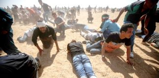 Palestinians on the Great March of Return on the Gaza border with Israel under attack from Israeli sniper fire