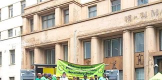 Striking Amcu Sibanye-Stillwater miners rally for a secondary strike after marching on the Mineral Council of South Africa and in Johannesburg