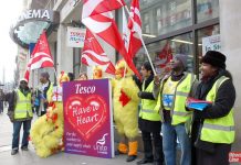 Unite Tesco supply workers protest outside a store in central London – 9,000 jobs are threatened as the company seeks to save £1.5bn