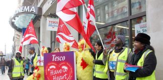 Unite Tesco supply workers protest outside a store in central London – 9,000 jobs are threatened as the company seeks to save £1.5bn