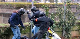 French police kick a yellow vest demonstrator – the movement has inspired German workers to take to the streets