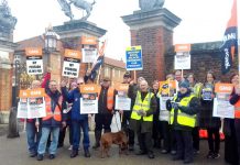 Angry GMB and PCS members working for Historic Royal Palaces on the picket line outside Hampton Court Palace yesterday lunchtime