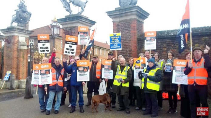 Angry GMB and PCS members working for Historic Royal Palaces on the picket line outside Hampton Court Palace yesterday lunchtime
