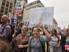 Student nurses marching in 2016 demanding the retention of NHS nursing bursaries