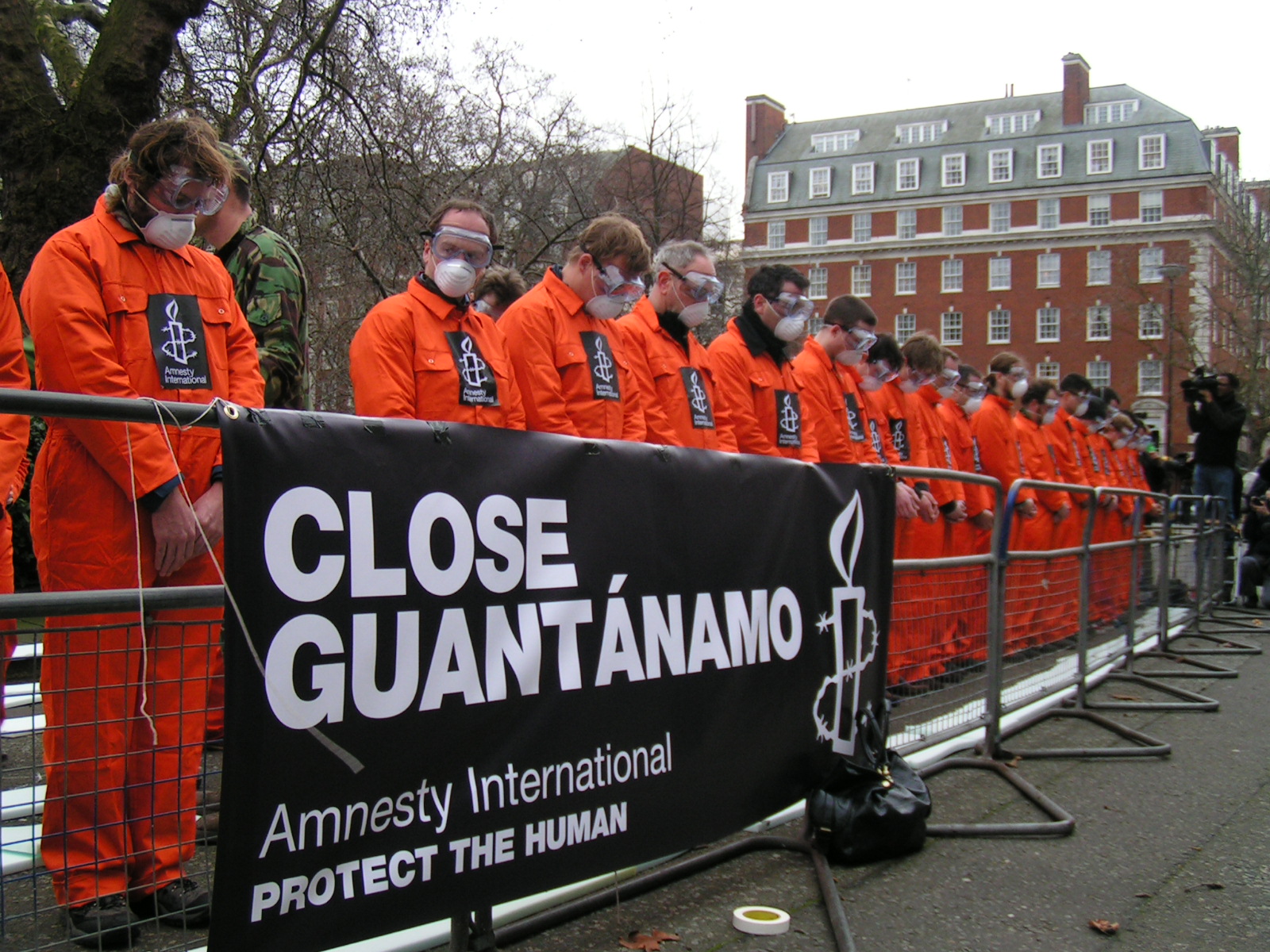 Mass demonstration of hunger strikers outside the US embassy in London, England demanding that the Guantanamo Bay prison is shut down