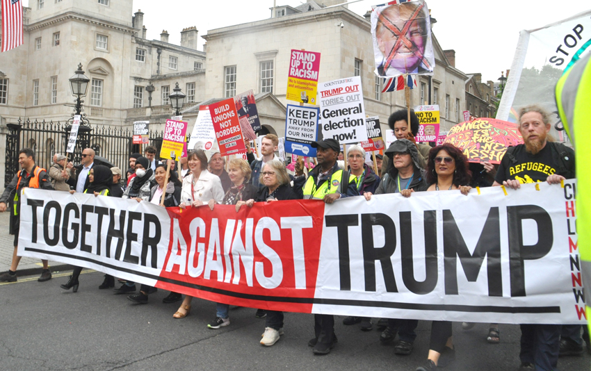 Front banner on the 10,000s-strong march in London against the state visit of US President Trump