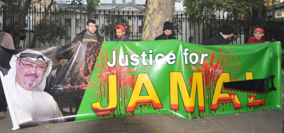 Demonstration outside the Saudi embassy in London, England last October demanding justice after Jamal Khashoggi was killed in the Saudi embassy in Turkey on October 2nd 2018