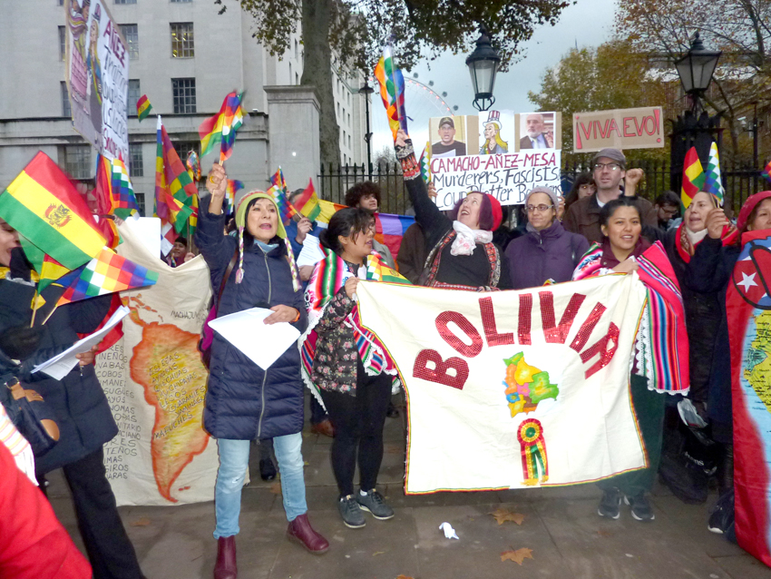 Demonstration outside Downing Street, London, England in support of President Evo Morales who was overthrown in a right-wing coup