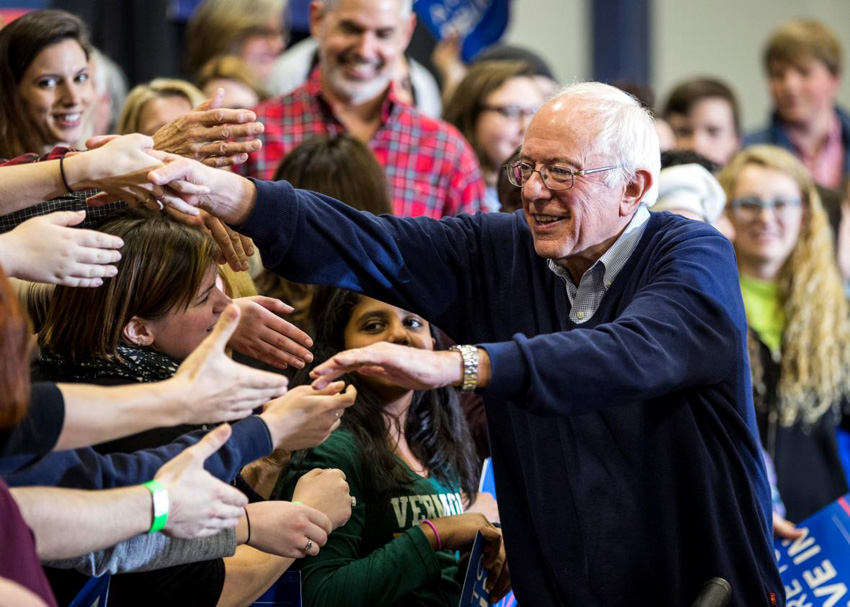 Supporters greet US presidential candidate Bernie Sanders