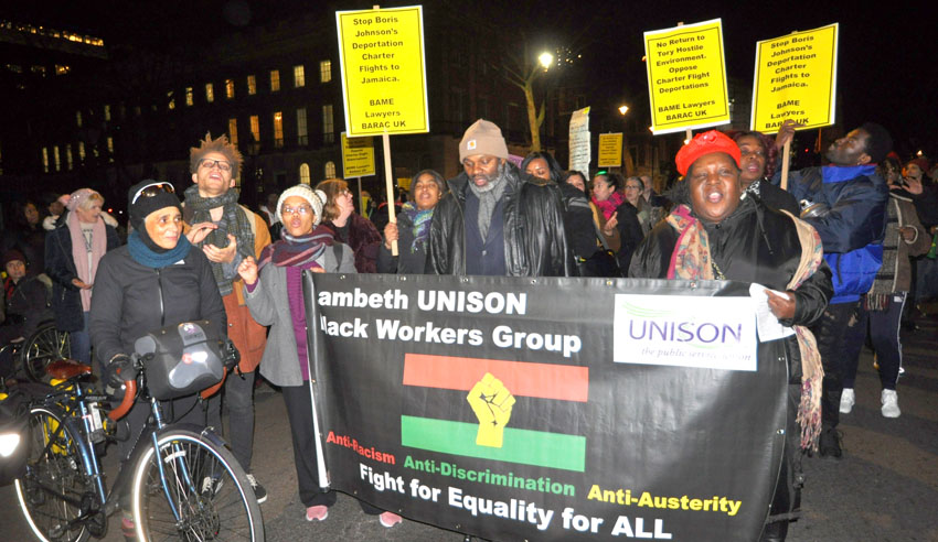 London campaigners blocking Whitehall last Thursday demanding an end to deportation charter flights