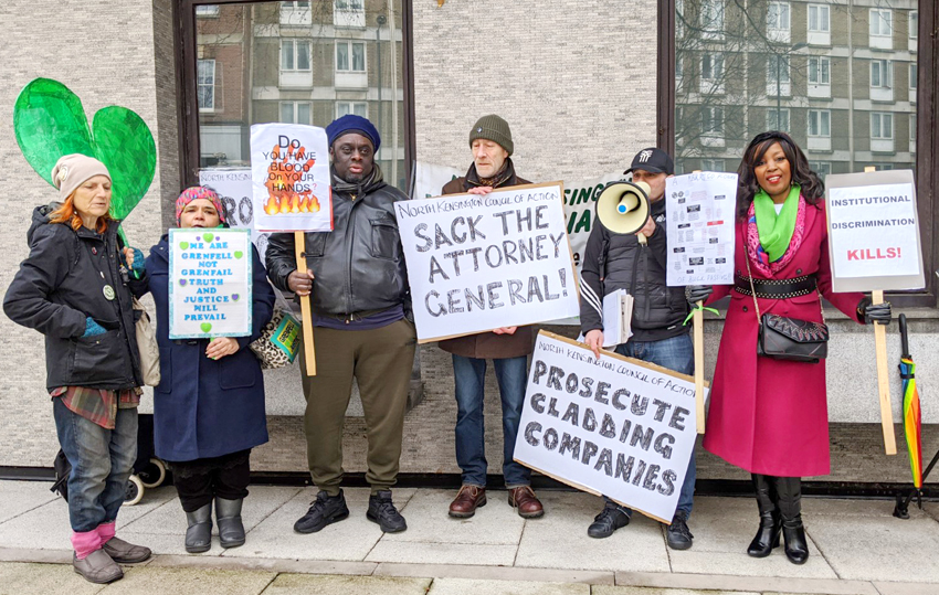 Protesters outside the Grenfell Inquiry yesterday morning shouted that the Inquiry is a ‘Whitewash! Shut it down’