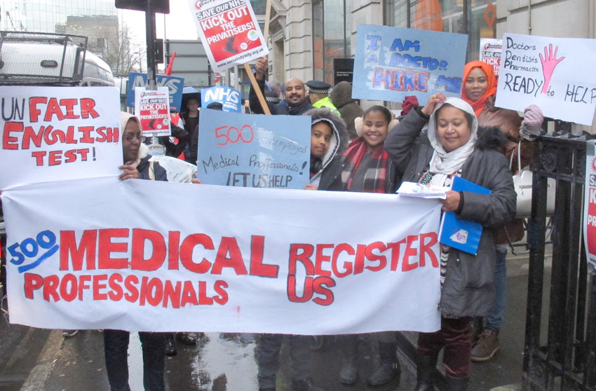 Medical professionals on the NHS Emergency march in Britain demanding to be able to practice in the NHS