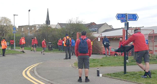 Striking postal workers, CWU members ‘safe distancing’ on the picket line at the Alloa Royal Mail sorting office, Scotland